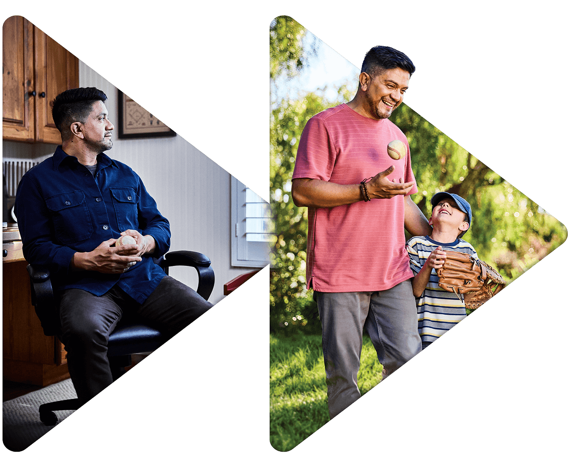 Dad playing baseball with son with Move Forward and MYQORZO (TM) (aficamten) logo